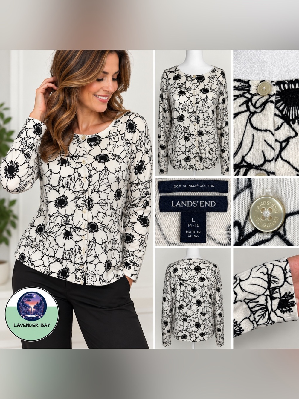 Lands’ End Supima Cotton Floral Cardigan Black White Size L 14-16